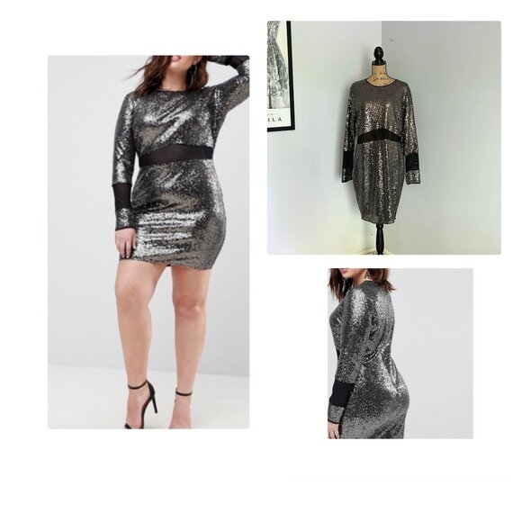 ASOS CURVE All Over Sequin With Mesh Inserts Mini Dress Sz 18 NWT - Picture 1 of 16